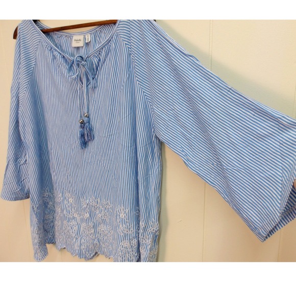 Rafaella Striped Cold Shoulder Blouse Top with Embroidered Hem Detail 2X /#7268 - Picture 5 of 7